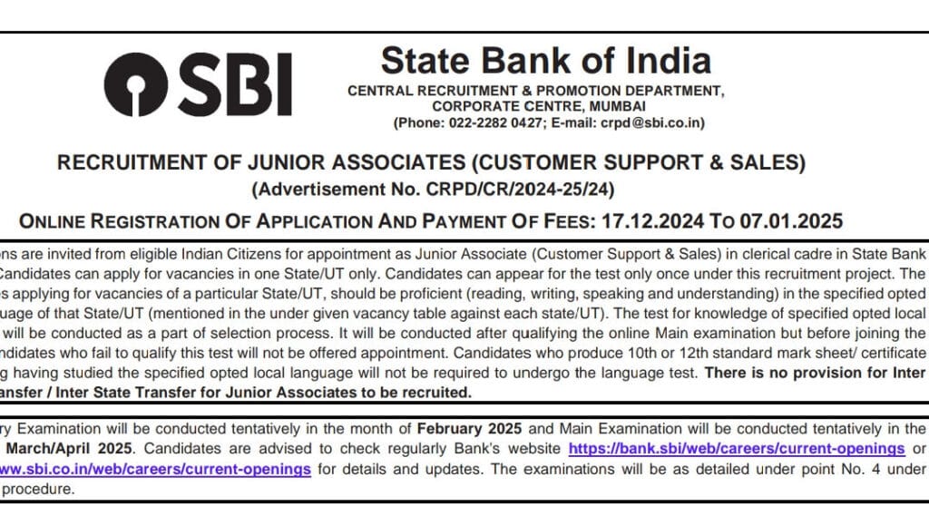 SBI RECRUITMENT OF JUNIOR ASSOCIATE 2024